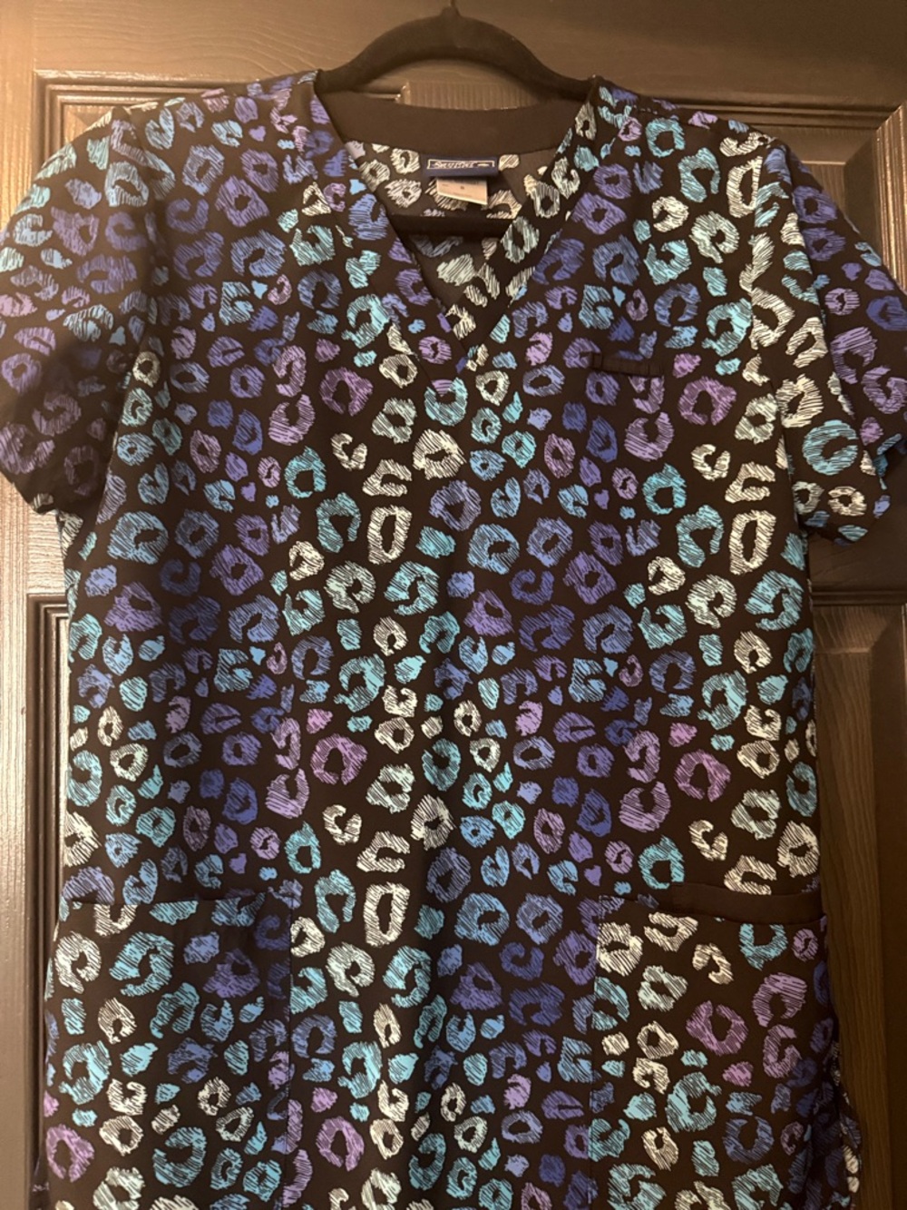 Sanibel Scrubs V-Neck Scrub Top in Blue, Purple and teal Leopard